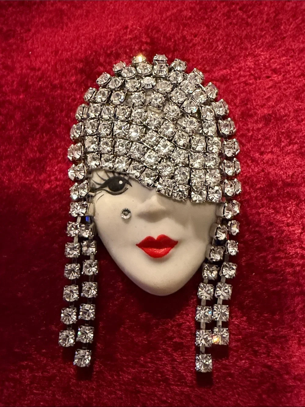 Vintage Norma E Flapper Brooch wRed Lips rare mint condition signed porcelain